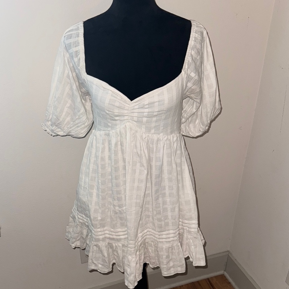 Mable puff sleeves Babydoll white dress plaid smocked back ruffle hem cotton S - Picture 3 of 8